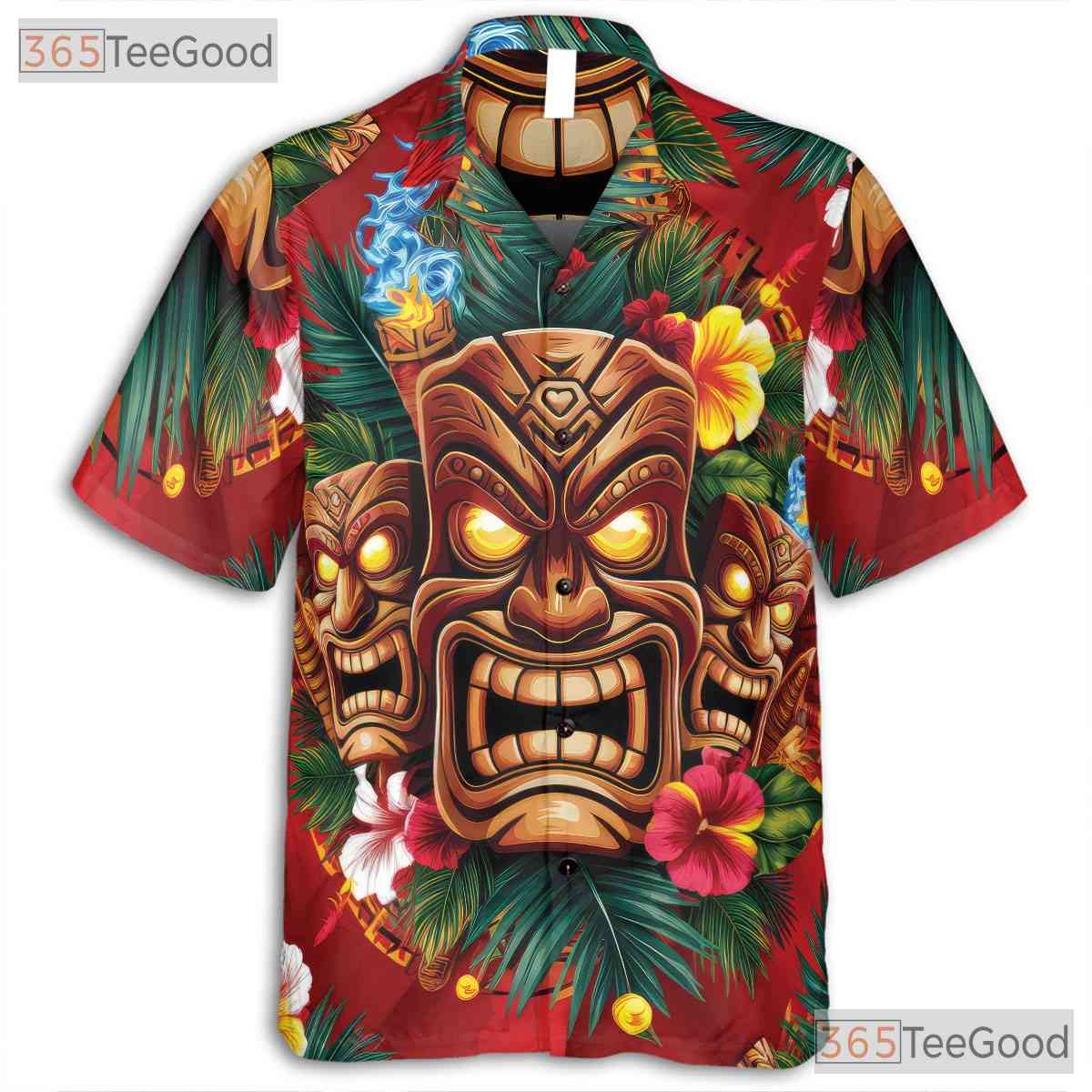 Polynesian Tiki Mask Hawaiian Shirt Men Women, Tribal Fire & Flower Print