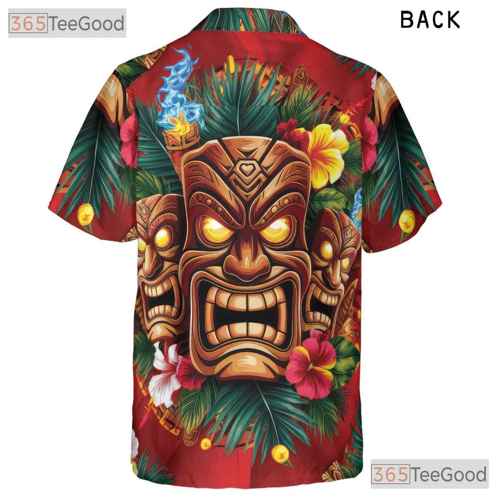 Polynesian Tiki Mask Hawaiian Shirt Men Women, Tribal Fire & Flower Print