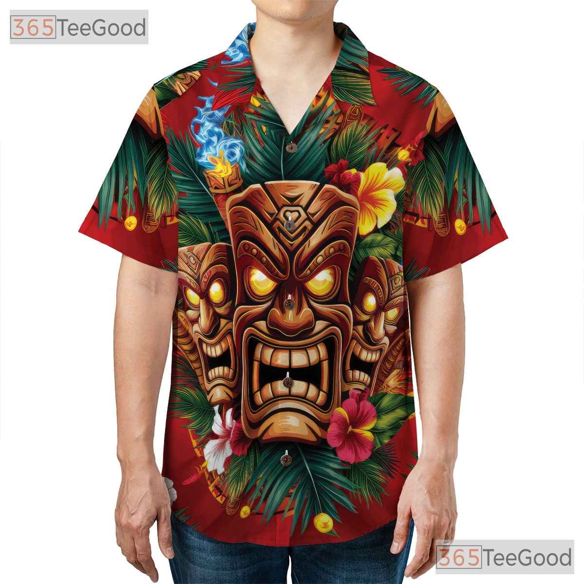 Polynesian Tiki Mask Hawaiian Shirt Men Women, Tribal Fire & Flower Print