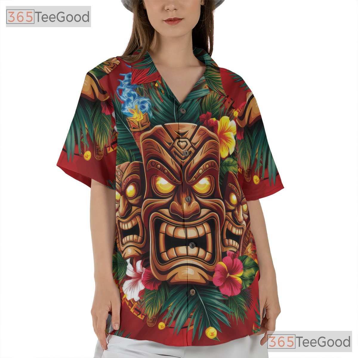 Polynesian Tiki Mask Hawaiian Shirt Men Women, Tribal Fire & Flower Print