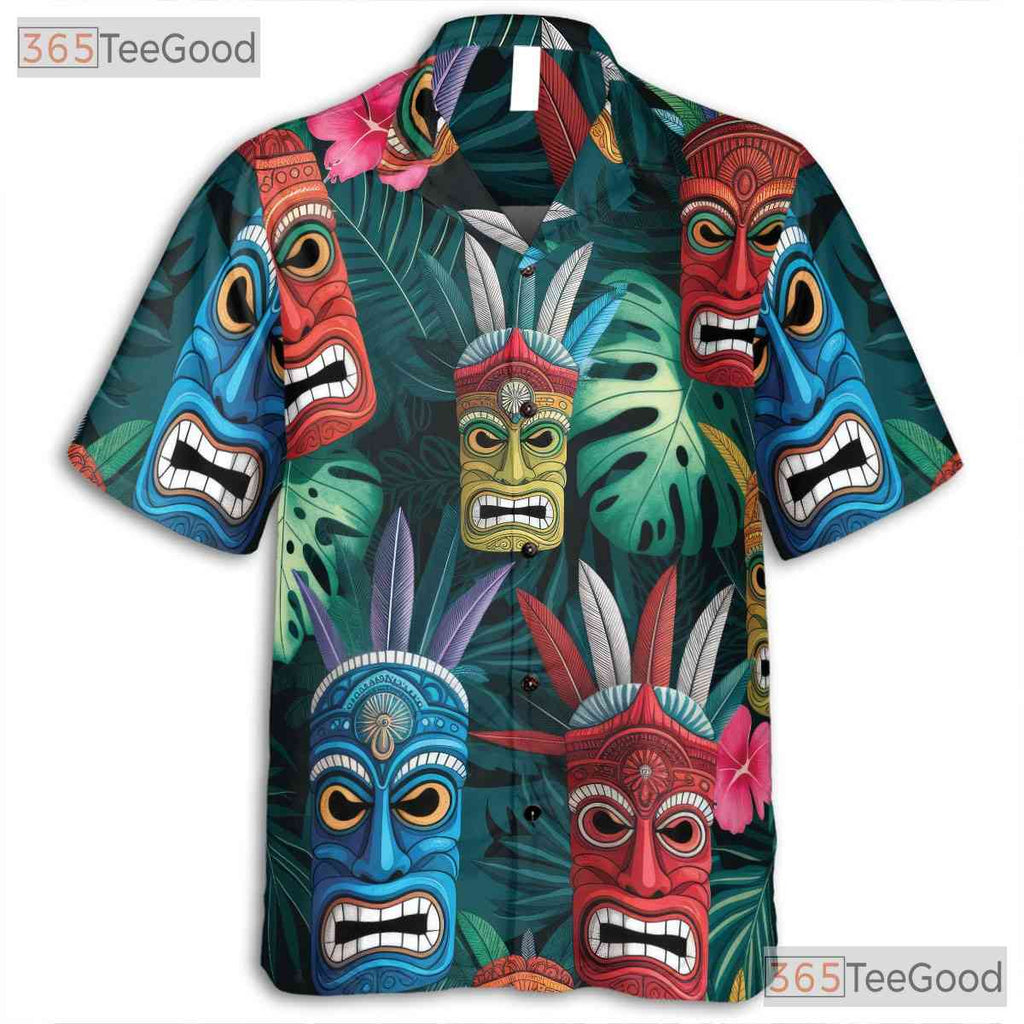 Polynesian Tiki Mask Hawaiian Shirt- Unisex Tropical Tribal Aloha Party Top