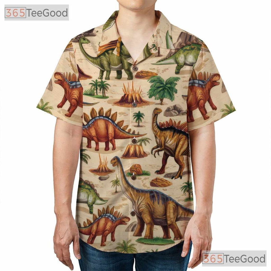 Prehistoric Dinosaur Hawaiian Shirt for Men - Jungle Volcano Beach Outfit