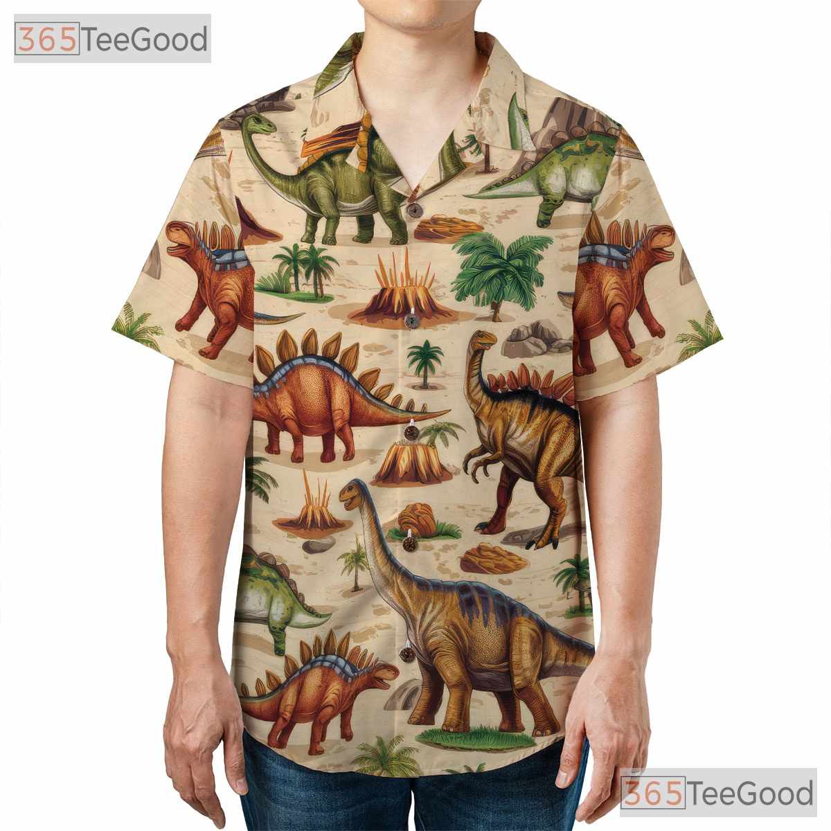 Prehistoric Dinosaur Hawaiian Shirt for Men - Jungle Volcano Beach Outfit