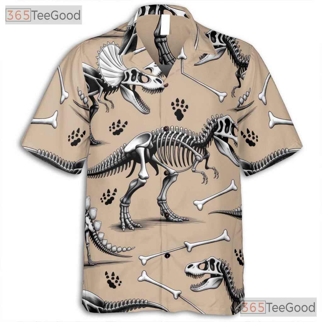 Prehistoric Dinosaur Skeleton Hawaiian Shirt- Unisex Fossil Print Beach Top