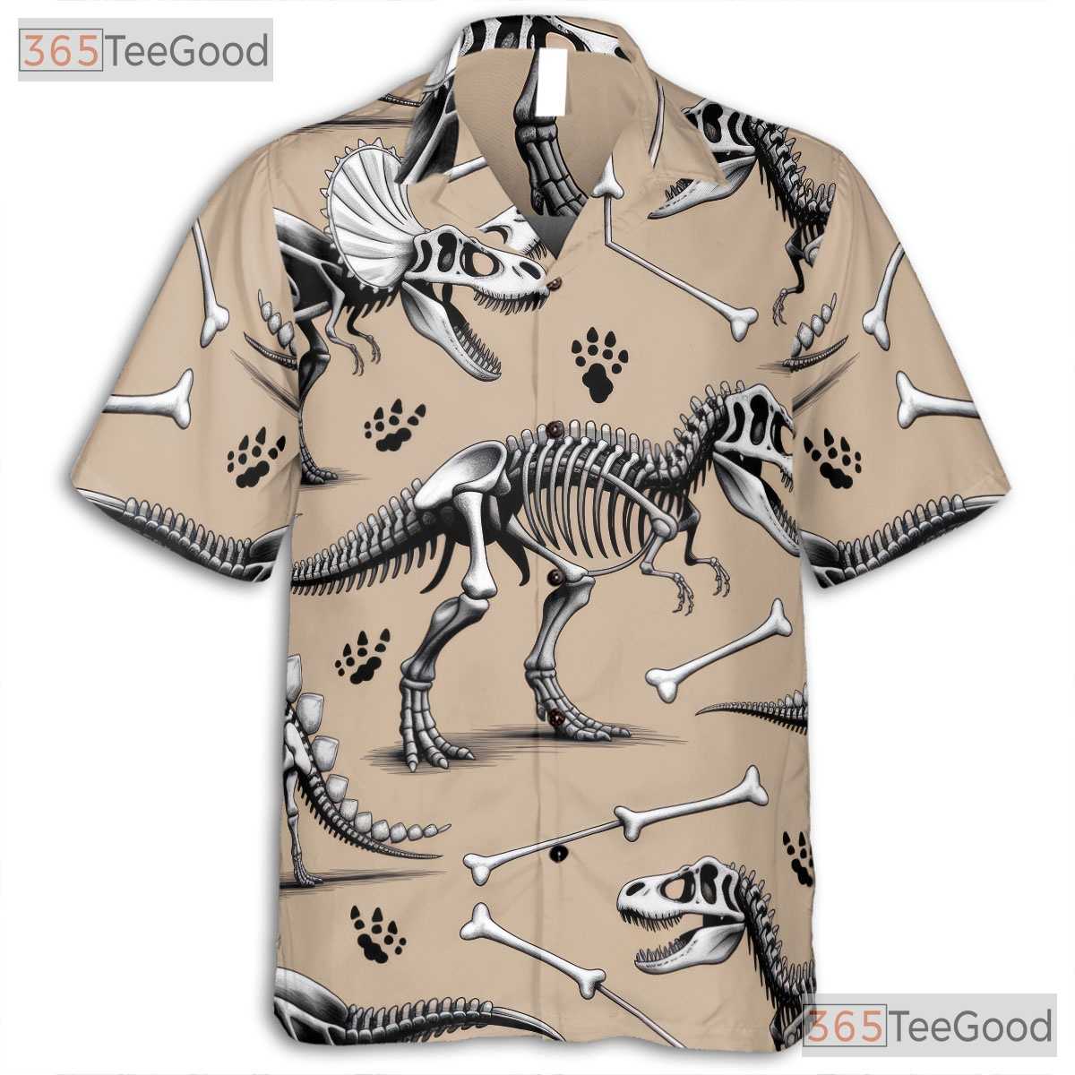 Prehistoric Dinosaur Skeleton Hawaiian Shirt- Unisex Fossil Print Beach Top