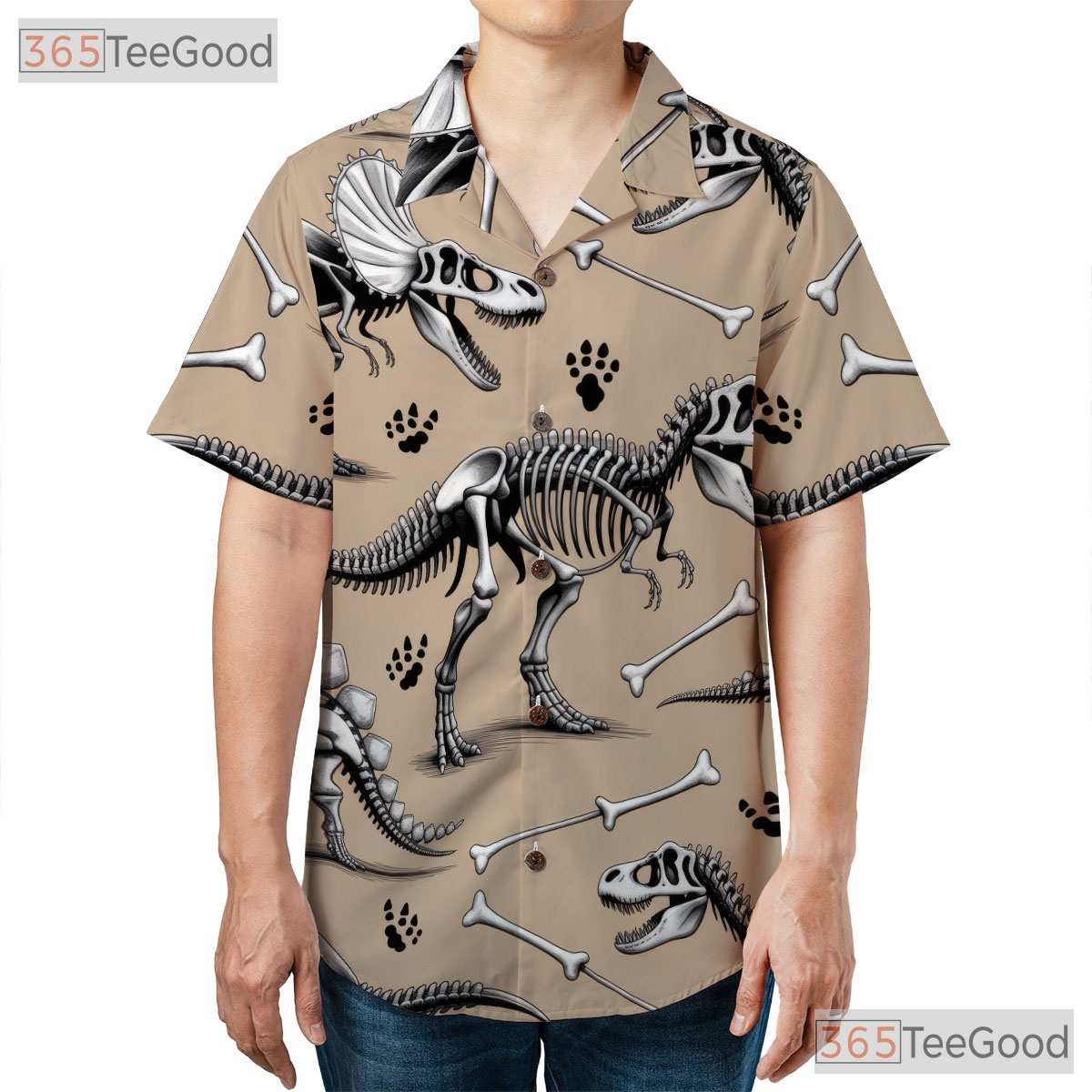 Prehistoric Dinosaur Skeleton Hawaiian Shirt- Unisex Fossil Print Beach Top
