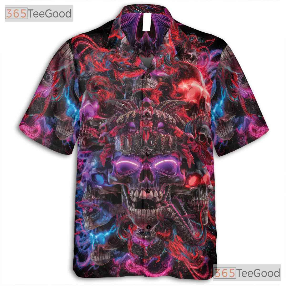 Psychedelic Neon Skull Hawaiian Tee, Dark Gothic Beach Shirt Men Women