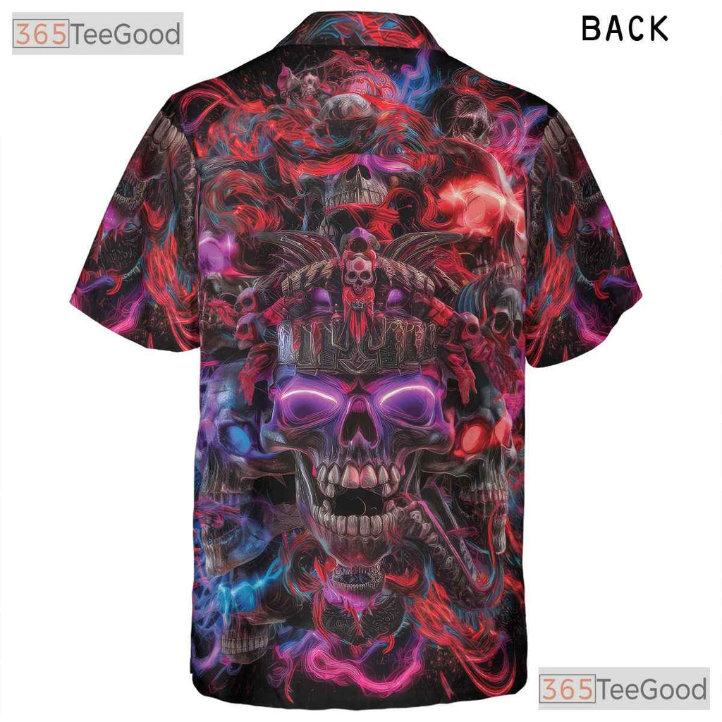 Psychedelic Neon Skull Hawaiian Tee, Dark Gothic Beach Shirt Men Women