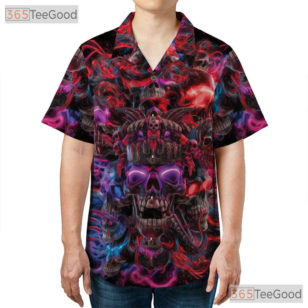 Psychedelic Neon Skull Hawaiian Tee, Dark Gothic Beach Shirt Men Women