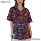 Psychedelic Neon Skull Hawaiian Tee, Dark Gothic Beach Shirt Men Women