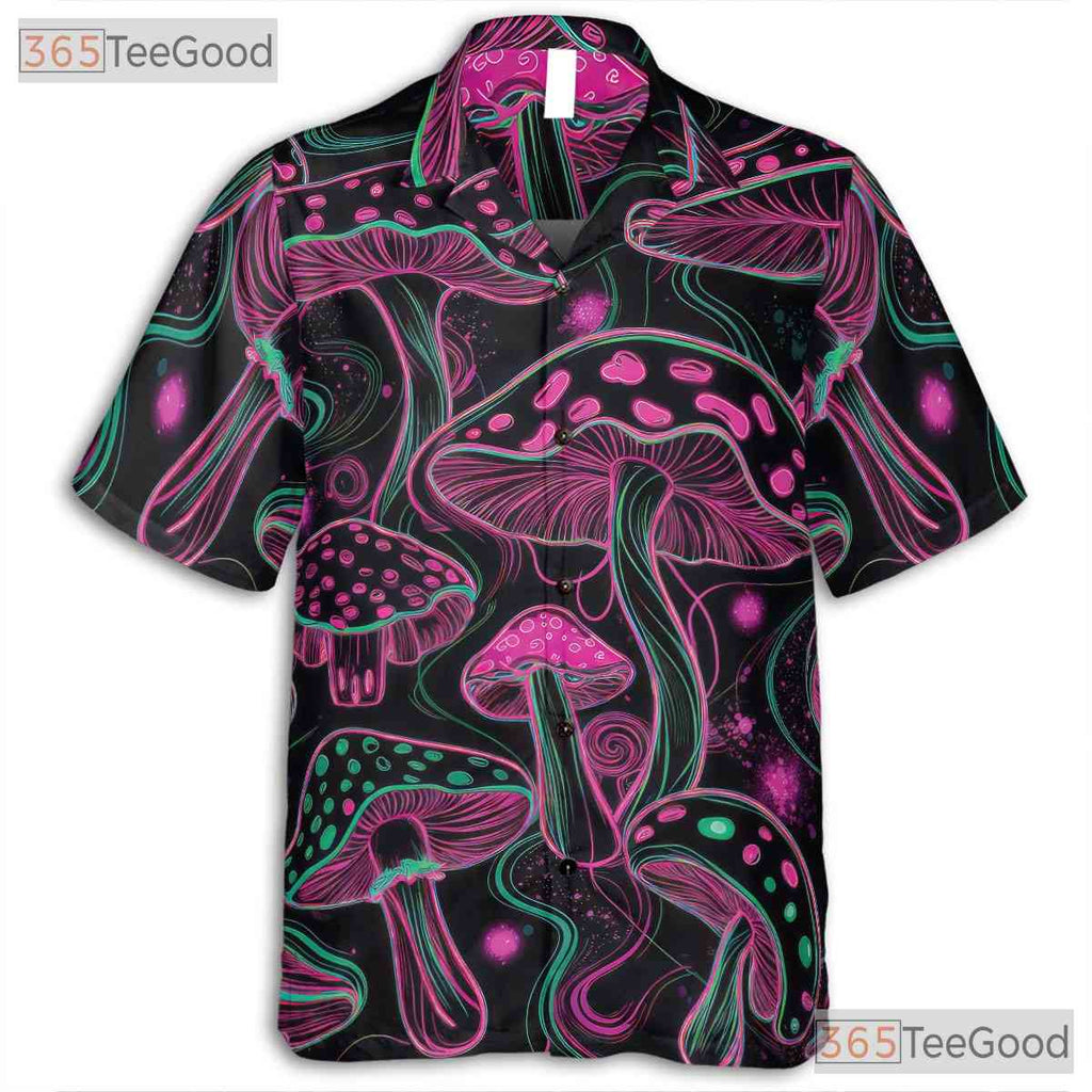Psychedelic Neon Trippy Mushroom Black Hawaiian Tee Unisex Summer Party Outfit