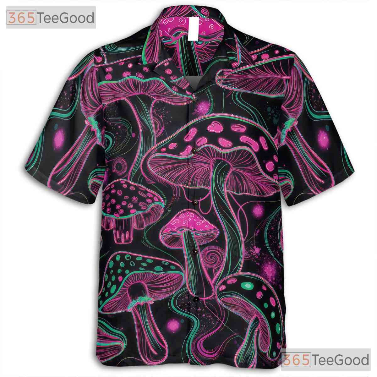 Psychedelic Neon Trippy Mushroom Black Hawaiian Tee Unisex Summer Party Outfit
