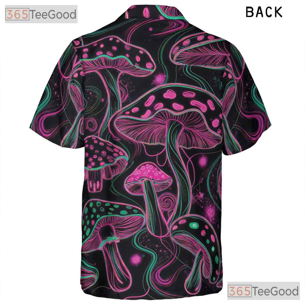 Psychedelic Neon Trippy Mushroom Black Hawaiian Tee Unisex Summer Party Outfit