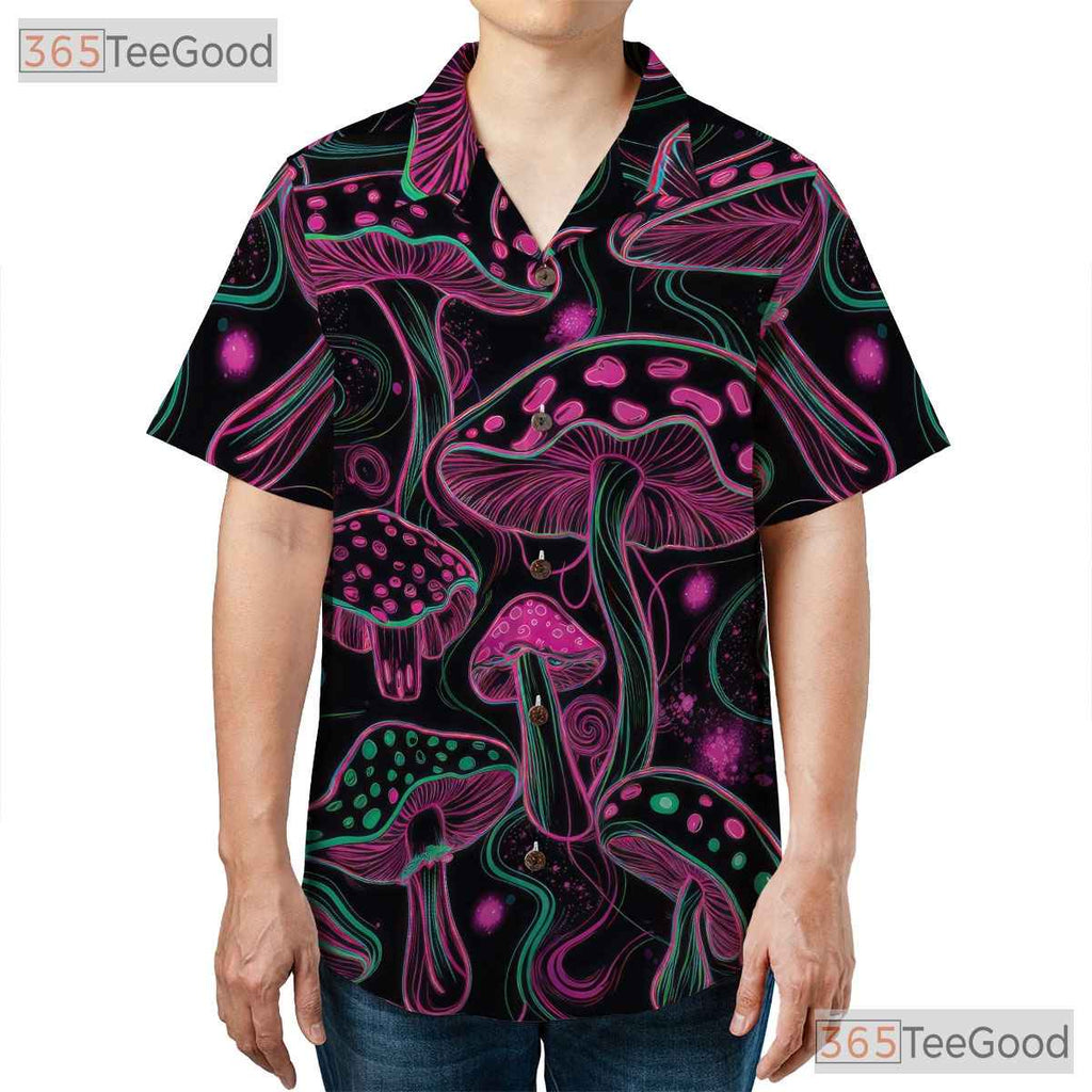 Psychedelic Neon Trippy Mushroom Black Hawaiian Tee Unisex Summer Party Outfit
