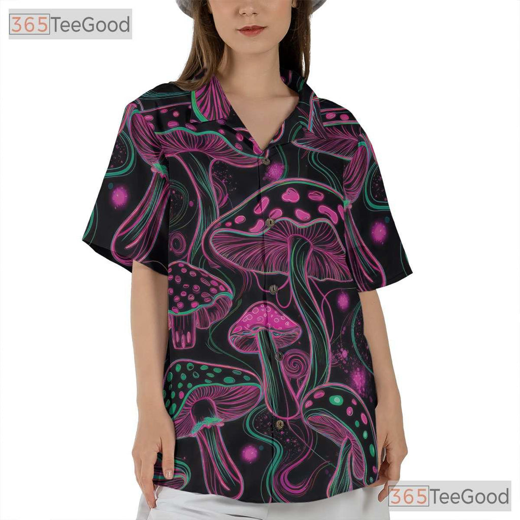 Psychedelic Neon Trippy Mushroom Black Hawaiian Tee Unisex Summer Party Outfit