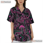 Psychedelic Neon Trippy Mushroom Black Hawaiian Tee Unisex Summer Party Outfit