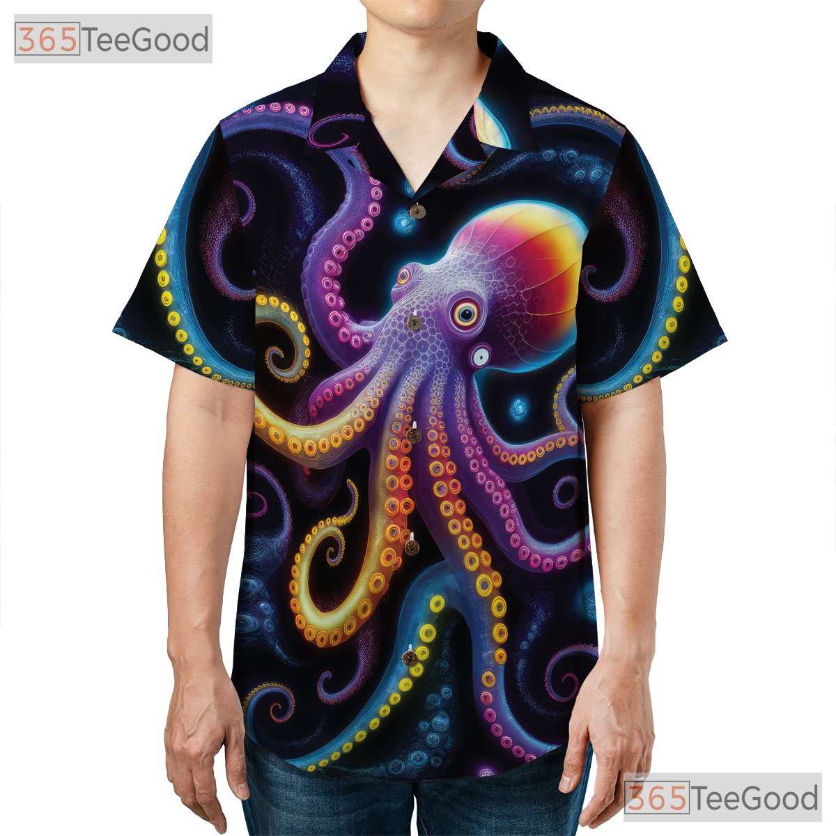 Psychedelic Octopus Neon Cosmic Sea Life Vibrant Art Hawaiian Shirt Unisex