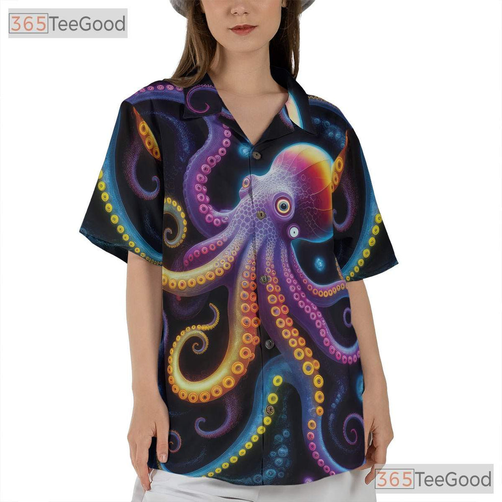 Psychedelic Octopus Neon Cosmic Sea Life Vibrant Art Hawaiian Shirt Unisex