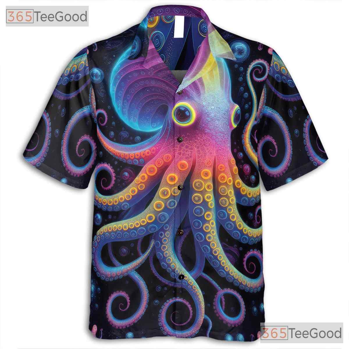 Psychedelic Octopus Vibrant Neon Cosmic Sea Life Art Hawaiian Tee Unisex