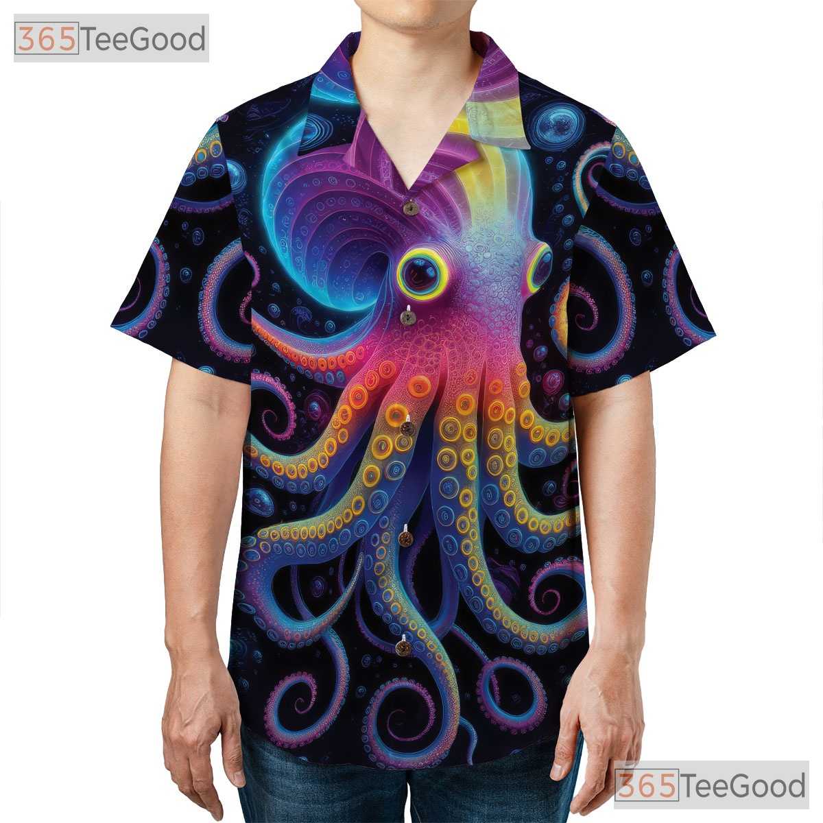 Psychedelic Octopus Vibrant Neon Cosmic Sea Life Art Hawaiian Tee Unisex