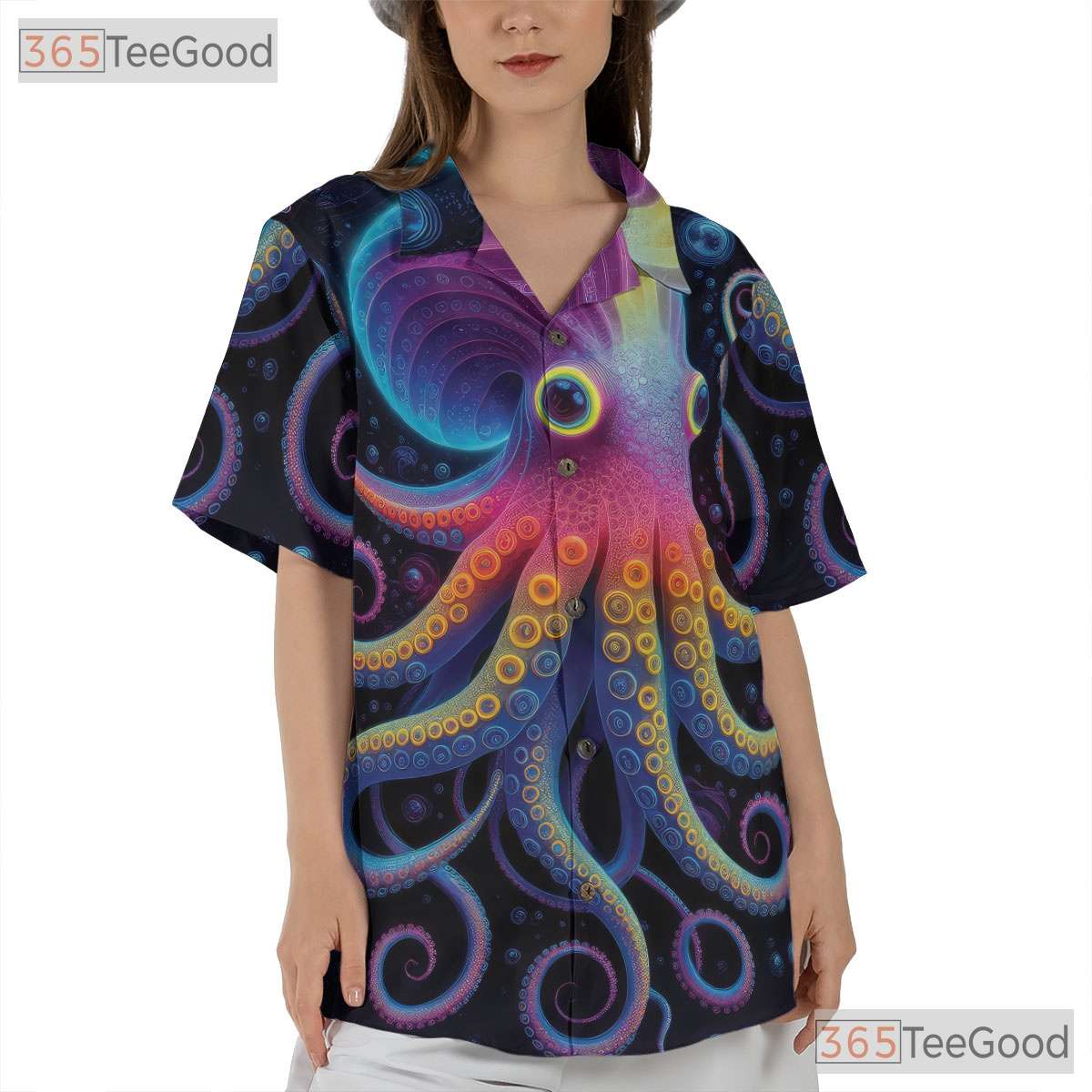Psychedelic Octopus Vibrant Neon Cosmic Sea Life Art Hawaiian Tee Unisex