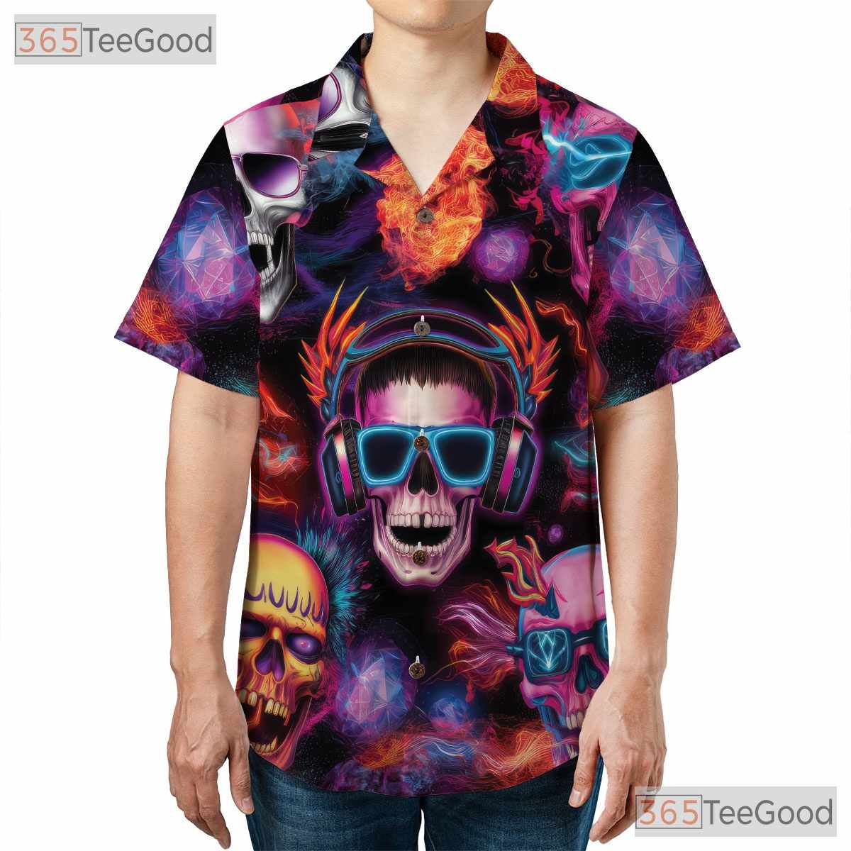 Psychedelic Skull Gothic Skeleton Art Festival Hawaiian Tee Unisex Outfit