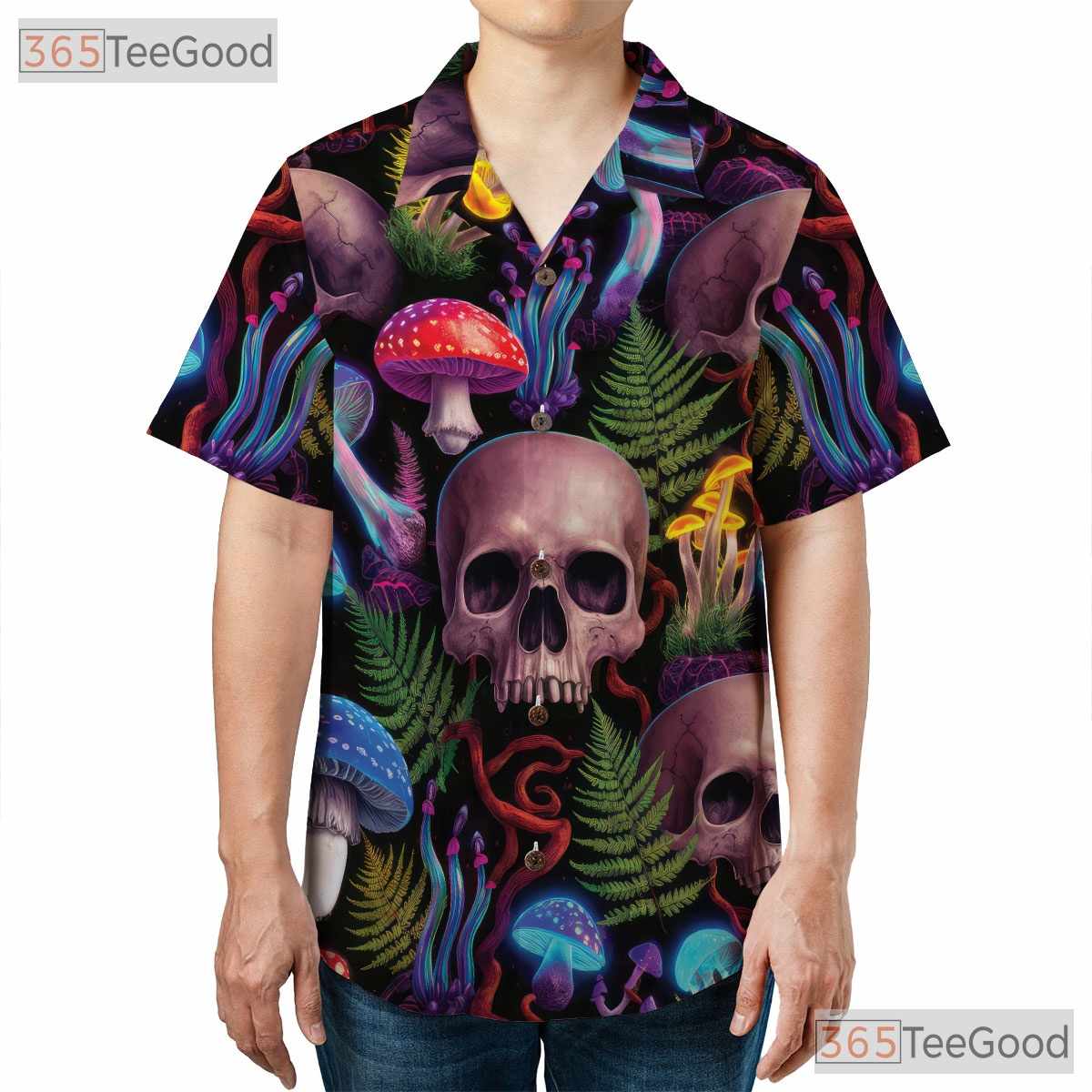 Psychedelic Skull Hawaiian Shirt - Men's Trippy Mushroom Print Aloha