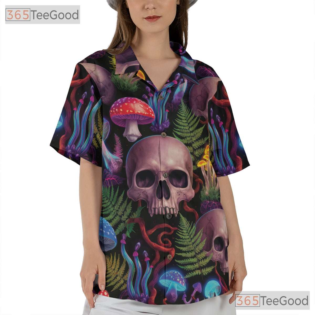 Psychedelic Skull Hawaiian Shirt - Men's Trippy Mushroom Print Aloha
