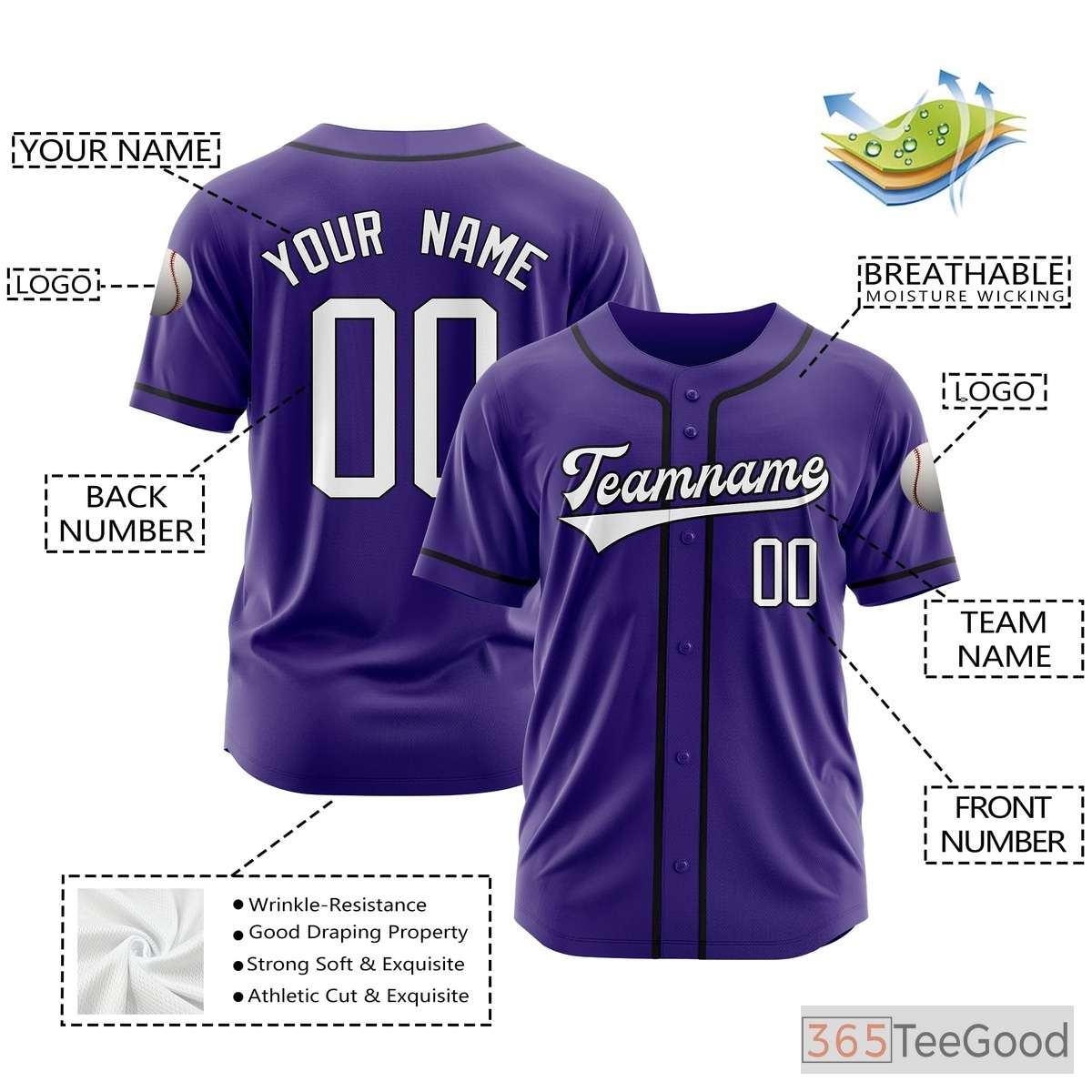 Purple Baseball Jersey Tee for Men & Women - Personalize with Your Name, Number, and Logo