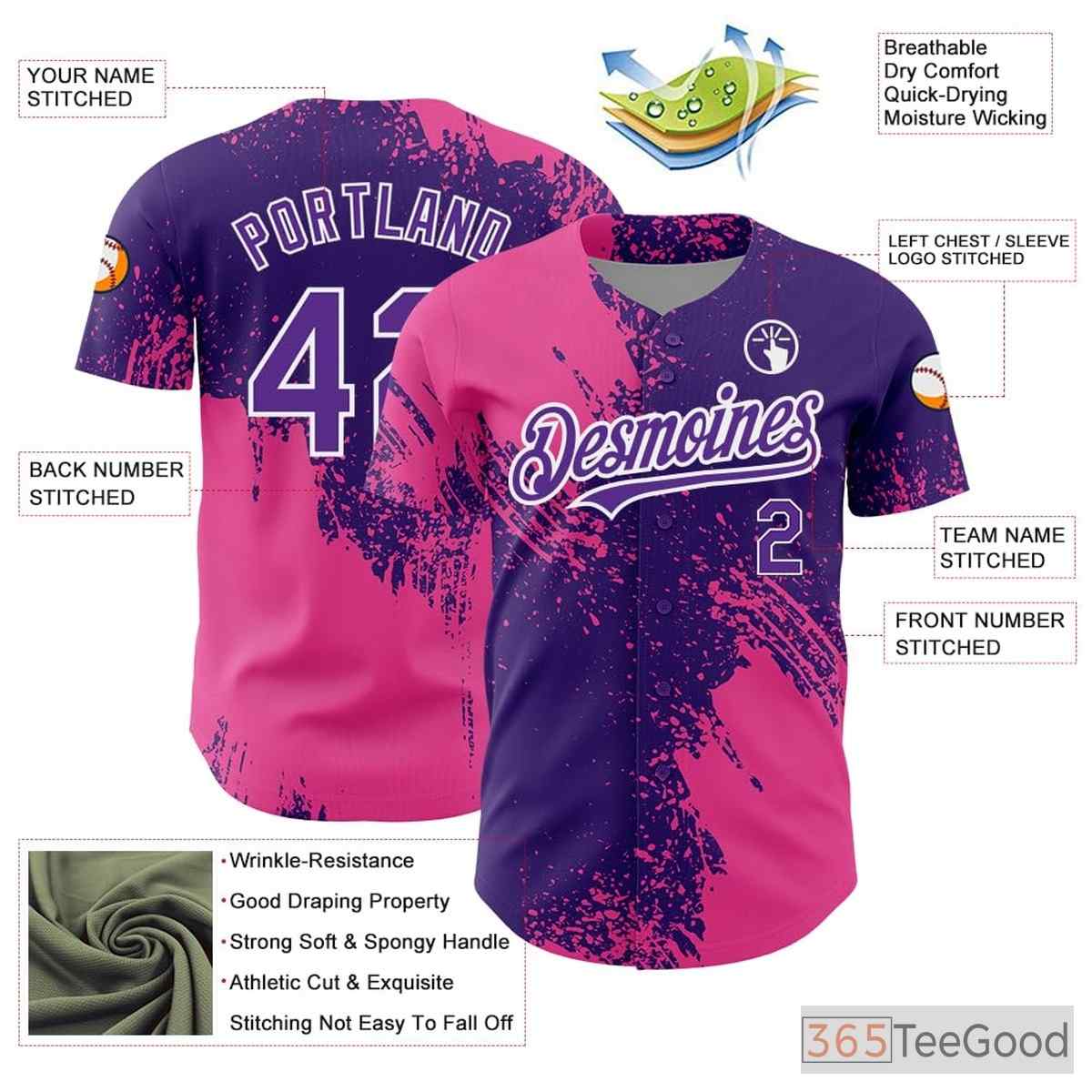 Purple & Pink Baseball Jersey Tee - Customizable with Stitched Name & Number Details