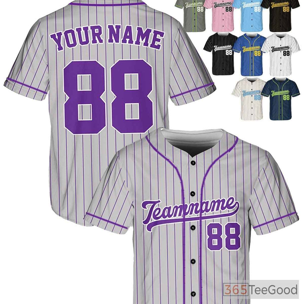 Purple & Silver Baseball Jersey Tee - Custom Stitched Name, Number & Logo for All Ages