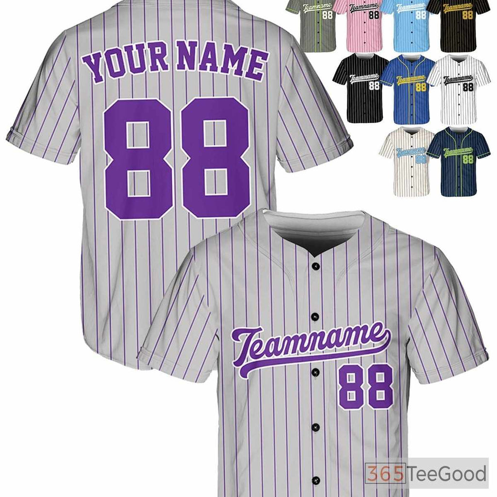 Purple & Silver Baseball Jersey Tee - Customizable with Your Name, Number, & Team Logo