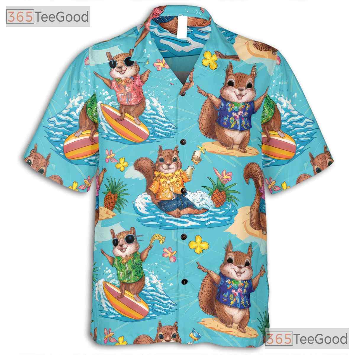 Quirky Squirrel Surfing Pineapple Hawaiian Tee Unisex Summer Getaway Shirt