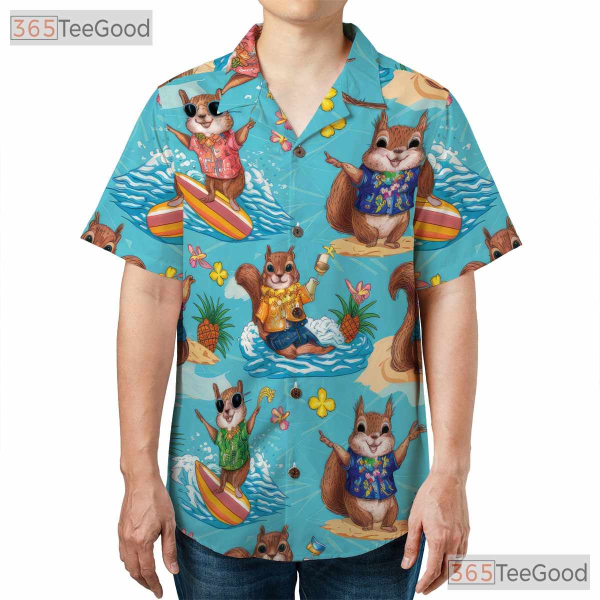 Quirky Squirrel Surfing Pineapple Hawaiian Tee Unisex Summer Getaway Shirt
