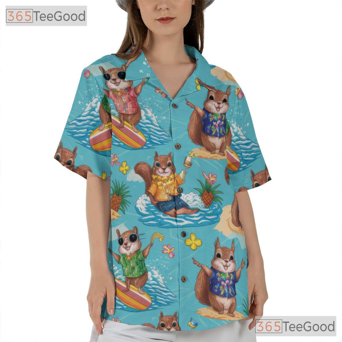 Quirky Squirrel Surfing Pineapple Hawaiian Tee Unisex Summer Getaway Shirt