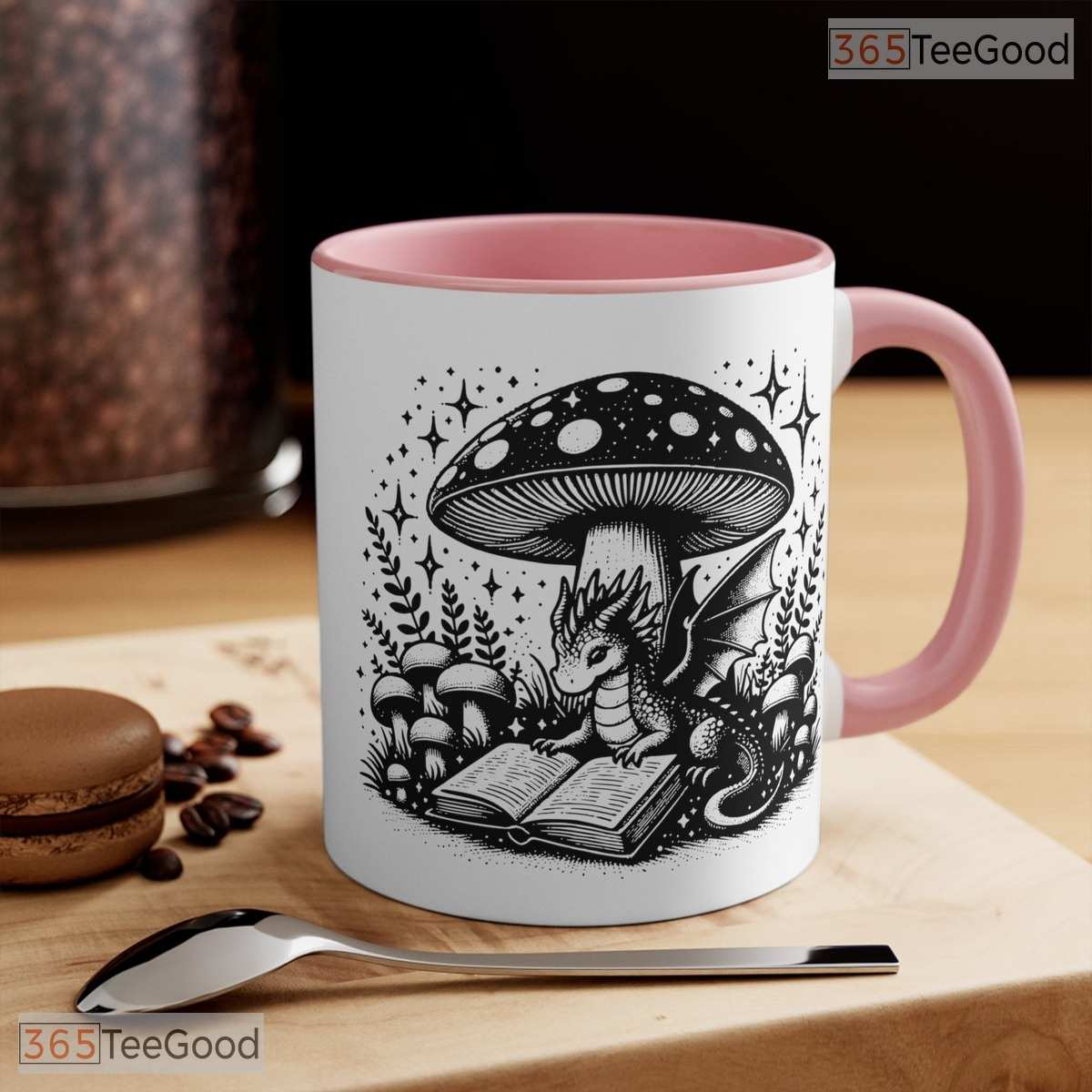 Reading Dragon Under Mushroom Accent Mug - Fantasy Book Lover Colorful Ceramic Coffee Cup