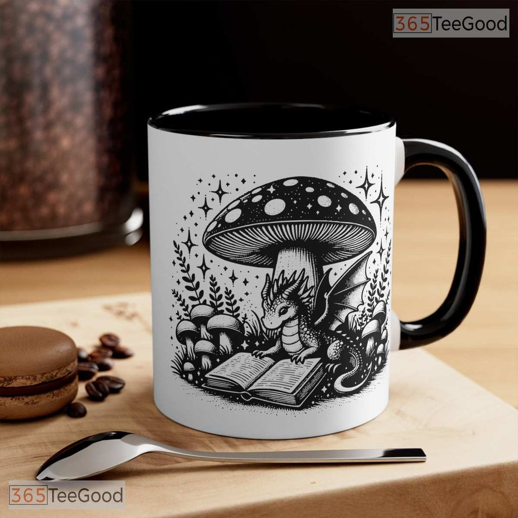 Reading Dragon Under Mushroom Accent Mug - Fantasy Book Lover Colorful Ceramic Coffee Cup