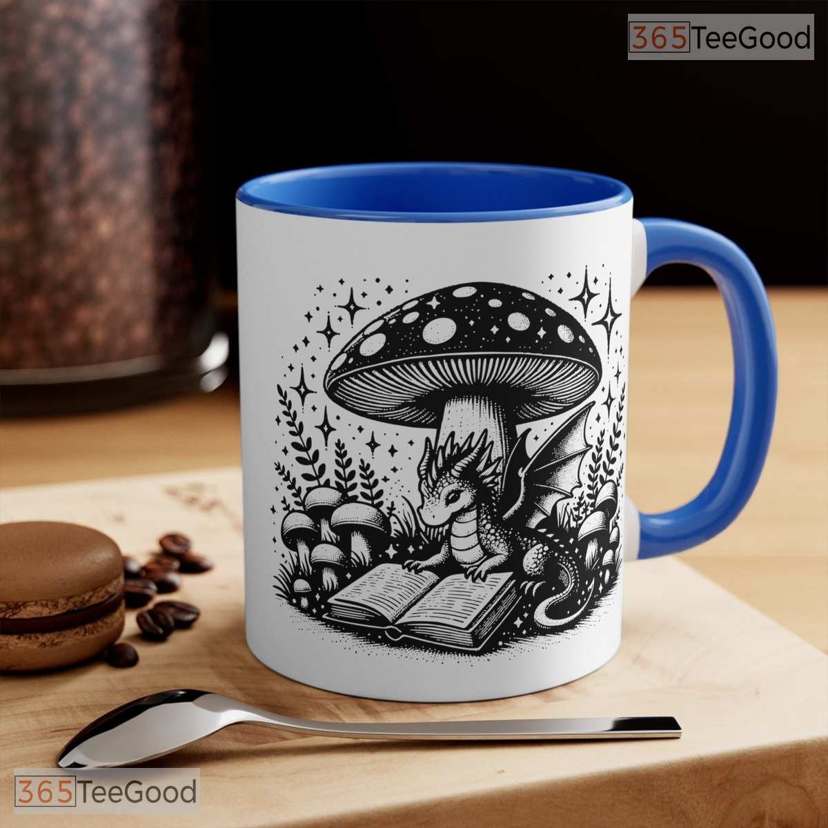 Reading Dragon Under Mushroom Accent Mug - Fantasy Book Lover Colorful Ceramic Coffee Cup