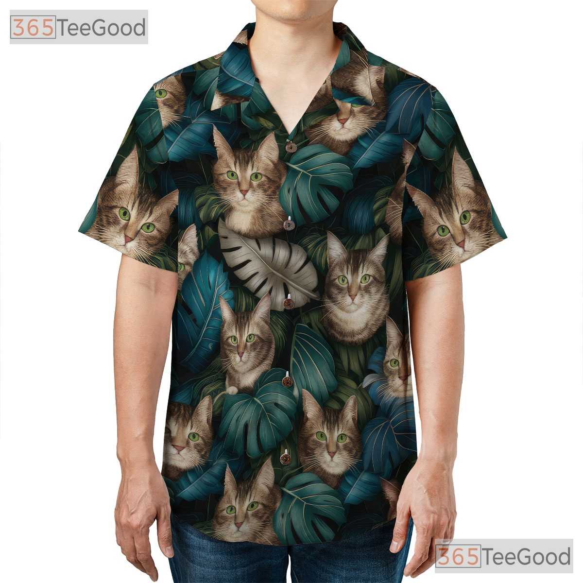 Realistic Tabby Cats Tropical Leaves Summer Style Hawaiian Tee Unisex Top