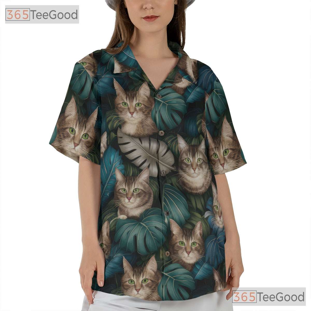 Realistic Tabby Cats Tropical Leaves Summer Style Hawaiian Tee Unisex Top