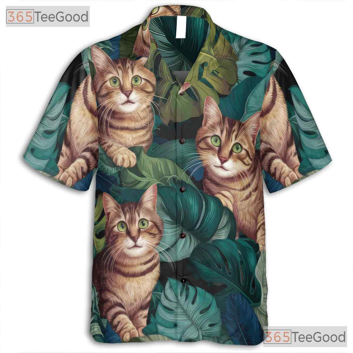 Realistic Tropical Leaves Aloha Print Tabby Cat Hawaiian Shirt Unisex Top