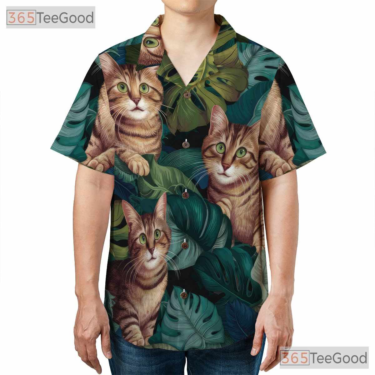 Realistic Tropical Leaves Aloha Print Tabby Cat Hawaiian Shirt Unisex Top