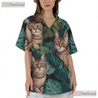 Realistic Tropical Leaves Aloha Print Tabby Cat Hawaiian Shirt Unisex Top
