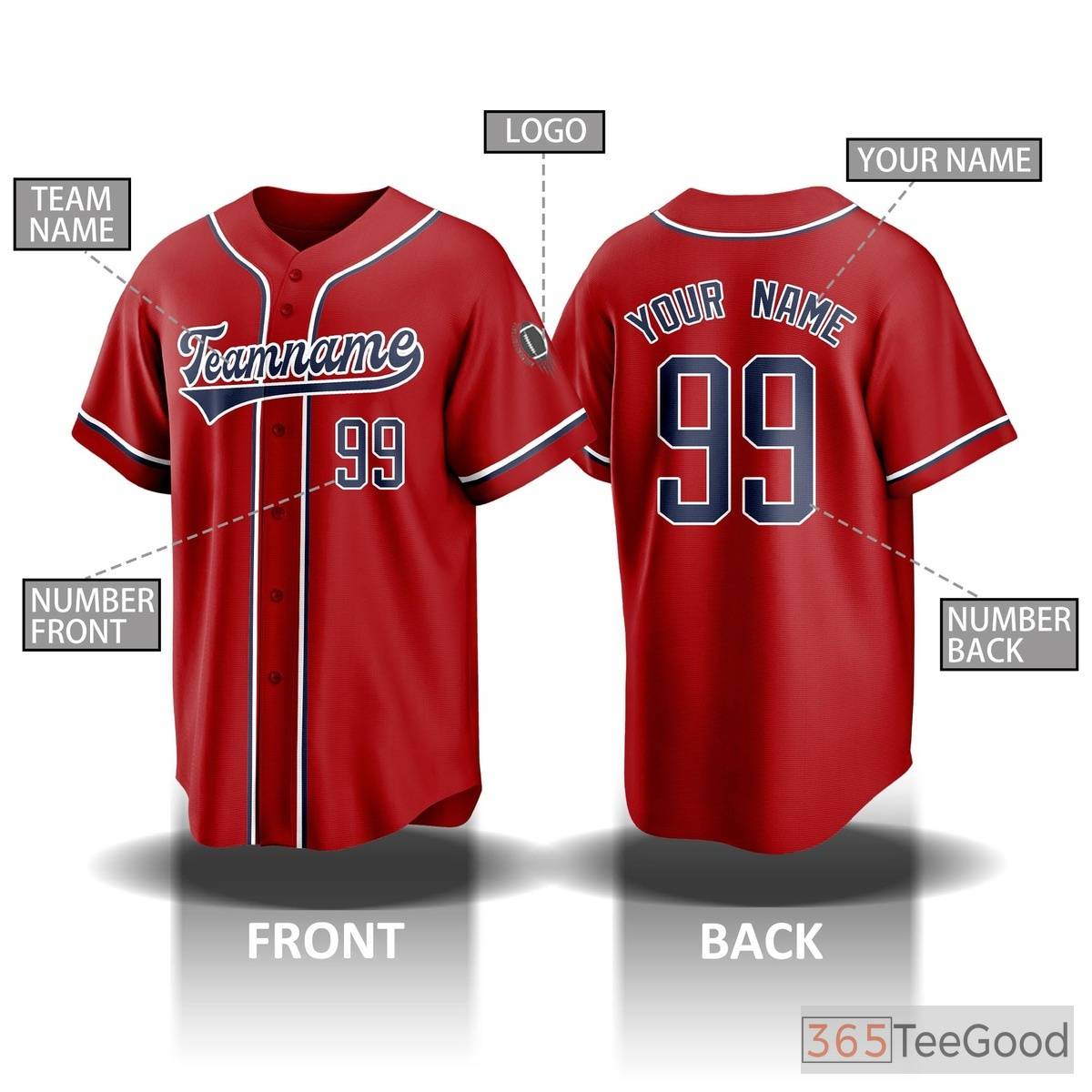 Red Baseball Jersey Tee for Men & Women - Your Personalized Name, Number & Logo