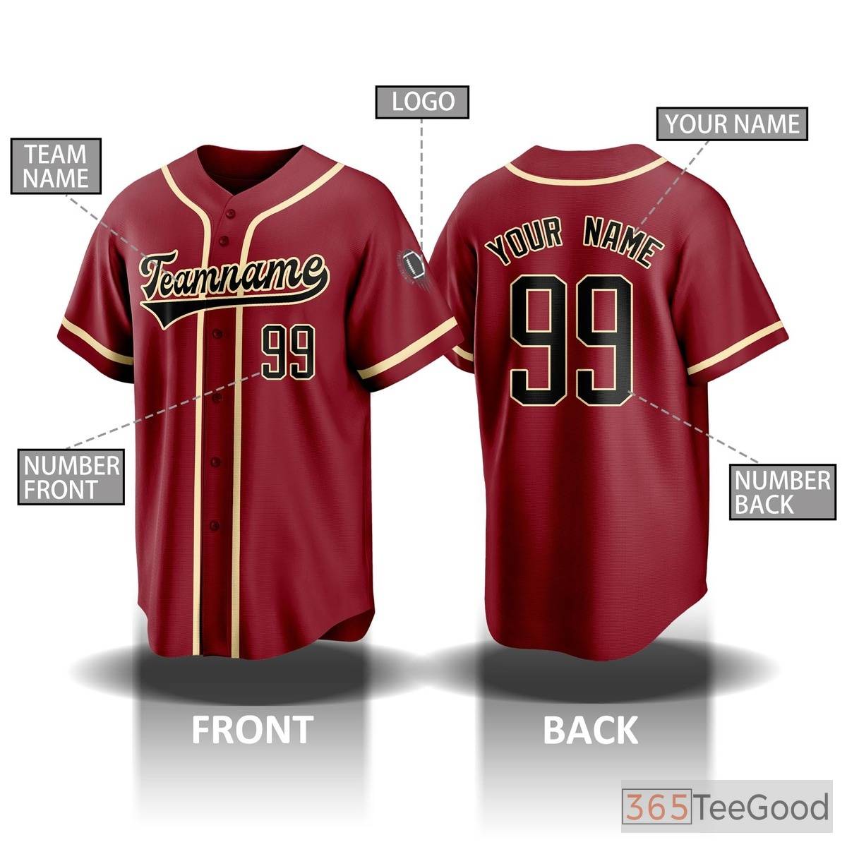 Red Baseball Jersey Tee for Men & Women - Personalized with Your Name & Number