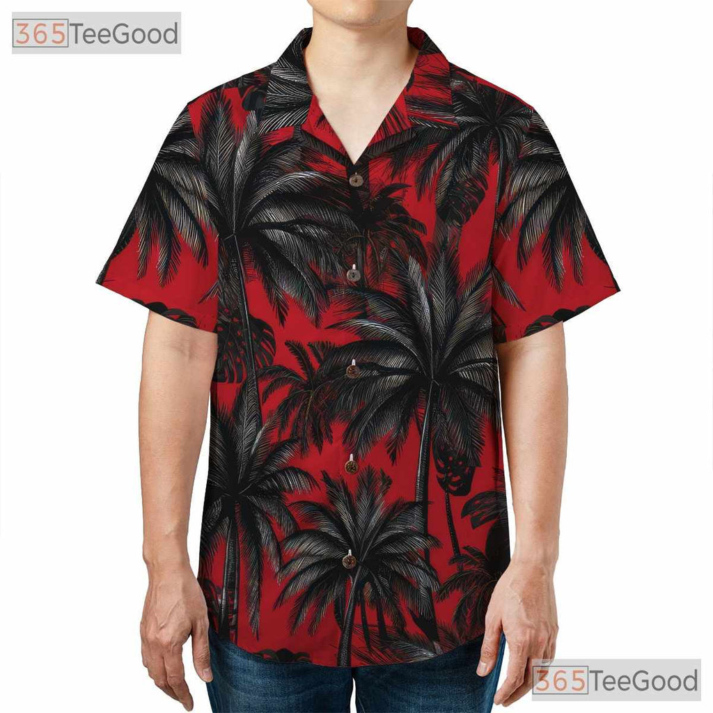Red Black Palm Tree Print Tropical Beach Style Hawaiian Tee Unisex Outfit