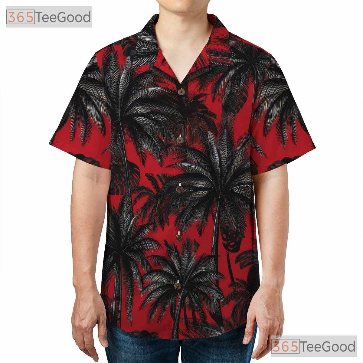 Red Black Palm Tree Print Tropical Beach Style Hawaiian Tee Unisex Outfit