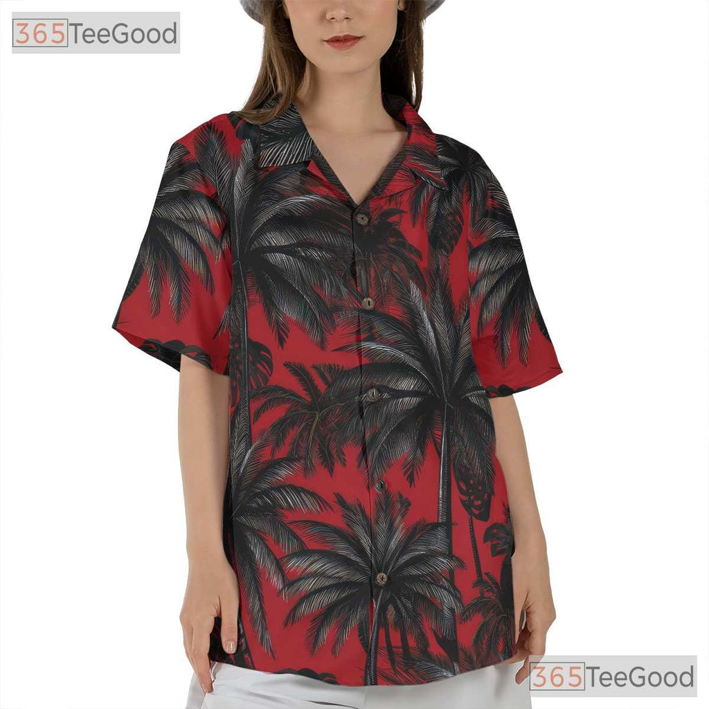 Red Black Palm Tree Print Tropical Beach Style Hawaiian Tee Unisex Outfit