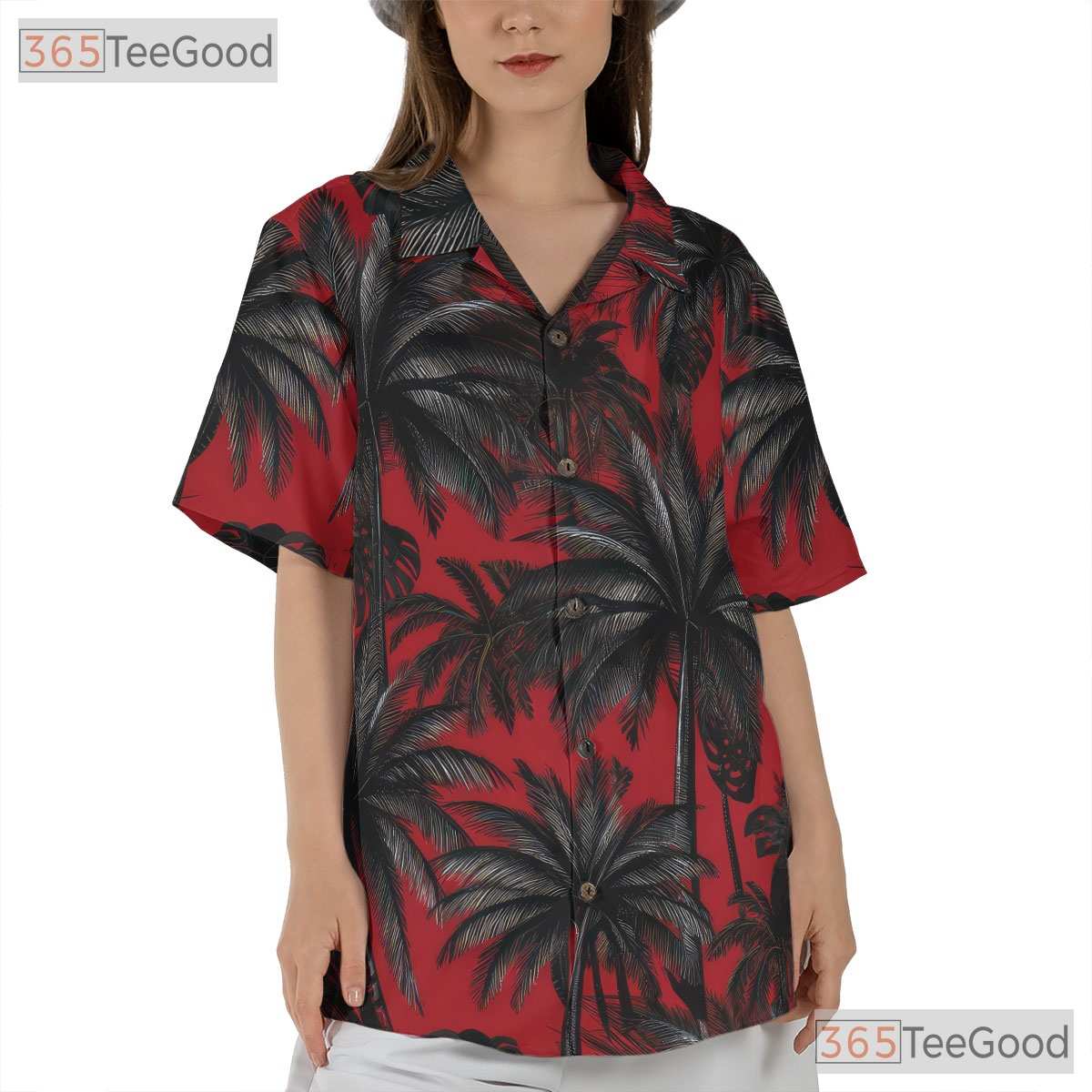 Red Black Palm Tree Print Tropical Beach Style Hawaiian Tee Unisex Outfit