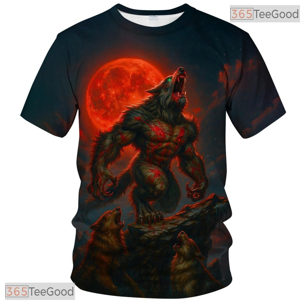 Red Wild Wolf Funny Graphic Novelty 3D Pattern Printed Casual Unisex Tee Shirt Tops
